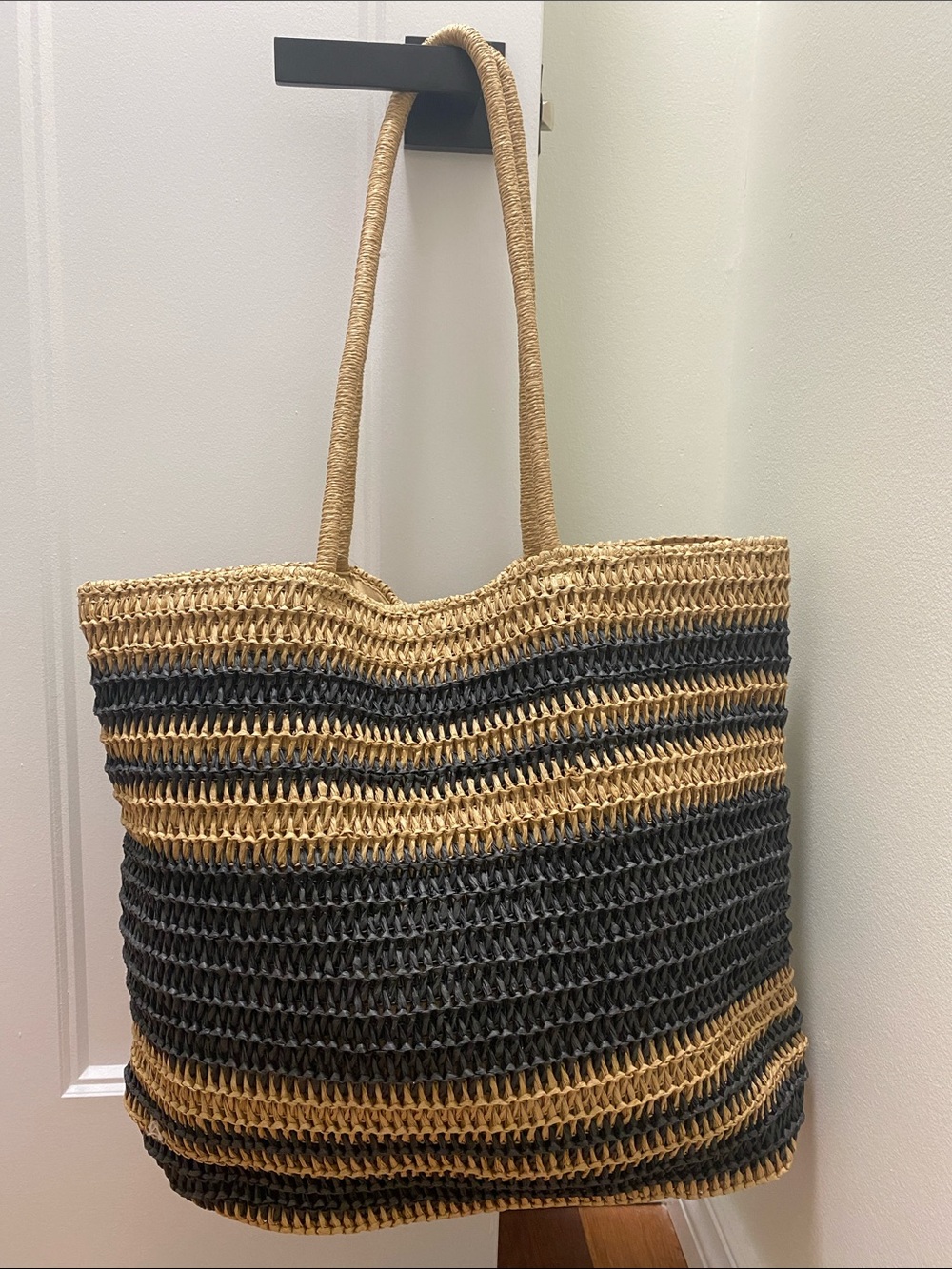 Striped Woven Beach Tote in Natural and Black